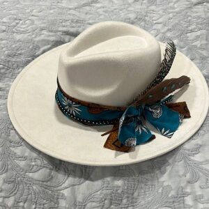 Custom Elegant White Fedora with Teal rancher hat
